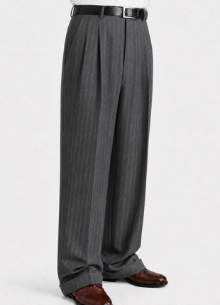 Mazara Mens Charcoal Gray Pinstriped Wide Leg Pleated Wool Dress Pants