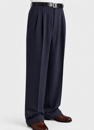 Tovaglia Mens Solid Navy Wide Leg Wool Cashmere Pleated Dress Pants
