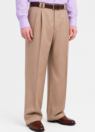 Steven Land Classic Fit Solid Tan Single Pleated Wide Leg Wool Dress Pants