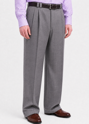 Steven Land Classic Fit Gray Plaid Single Pleated Wide Leg Wool Dress Pants
