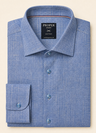 Proper Mens Blue Contemporary Fit Spread Collar 100% Linen Dress Shirt