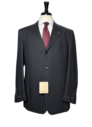 Luigi Bianchi Mantova Mens Black Pinstripe Notch Lapel Classic Fit 3-Button Wool Suit - 44R