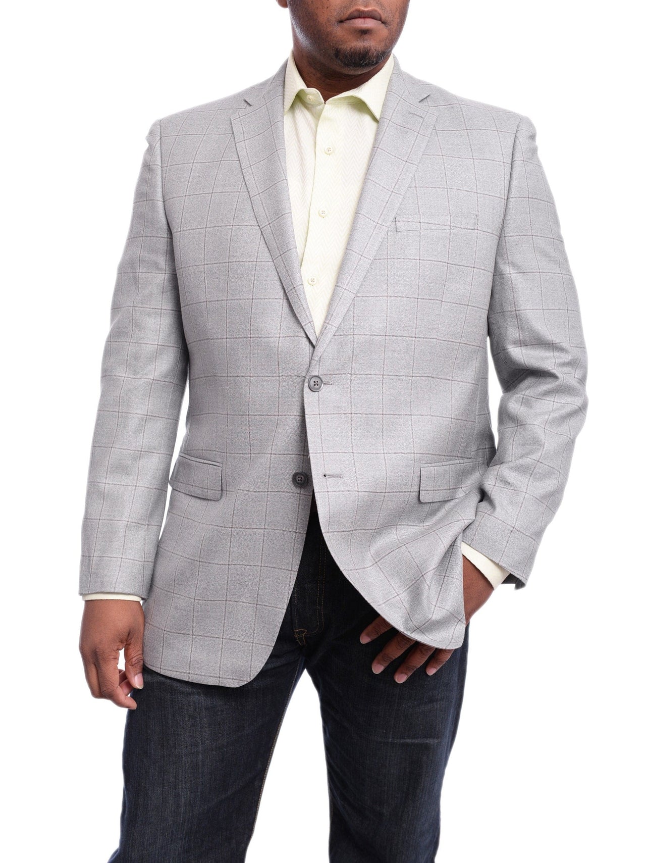 I Uomo BLAZERS I Uomo Classic Fit Gray Plaid Windowpane Silk Wool Blend Blazer Sportcoat