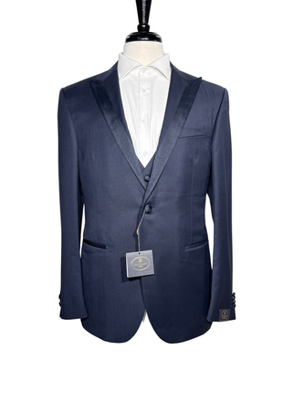Corneliani Mens Solid Navy Fully-Canvassed Peak Lapel Slim Fit 3-Piece Wool Tuxedo - 42R