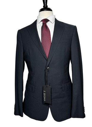Z Zegna Mens Black Pinstripe Notch Lapels Classic Fit 2-Button Wool Suit - 40R