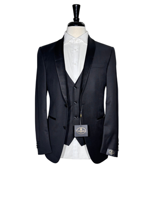 Corneliani Mens Solid Black Fully-Canvassed Shawl Lapel Classic Fit 3-Piece Wool Tuxedo - 38R