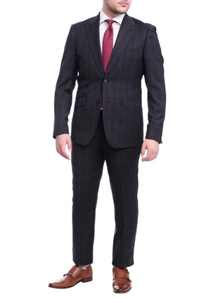 Ideal Ideal Slim Fit Blue And Red Plaid Two Button Wool Suit Peak Lapels