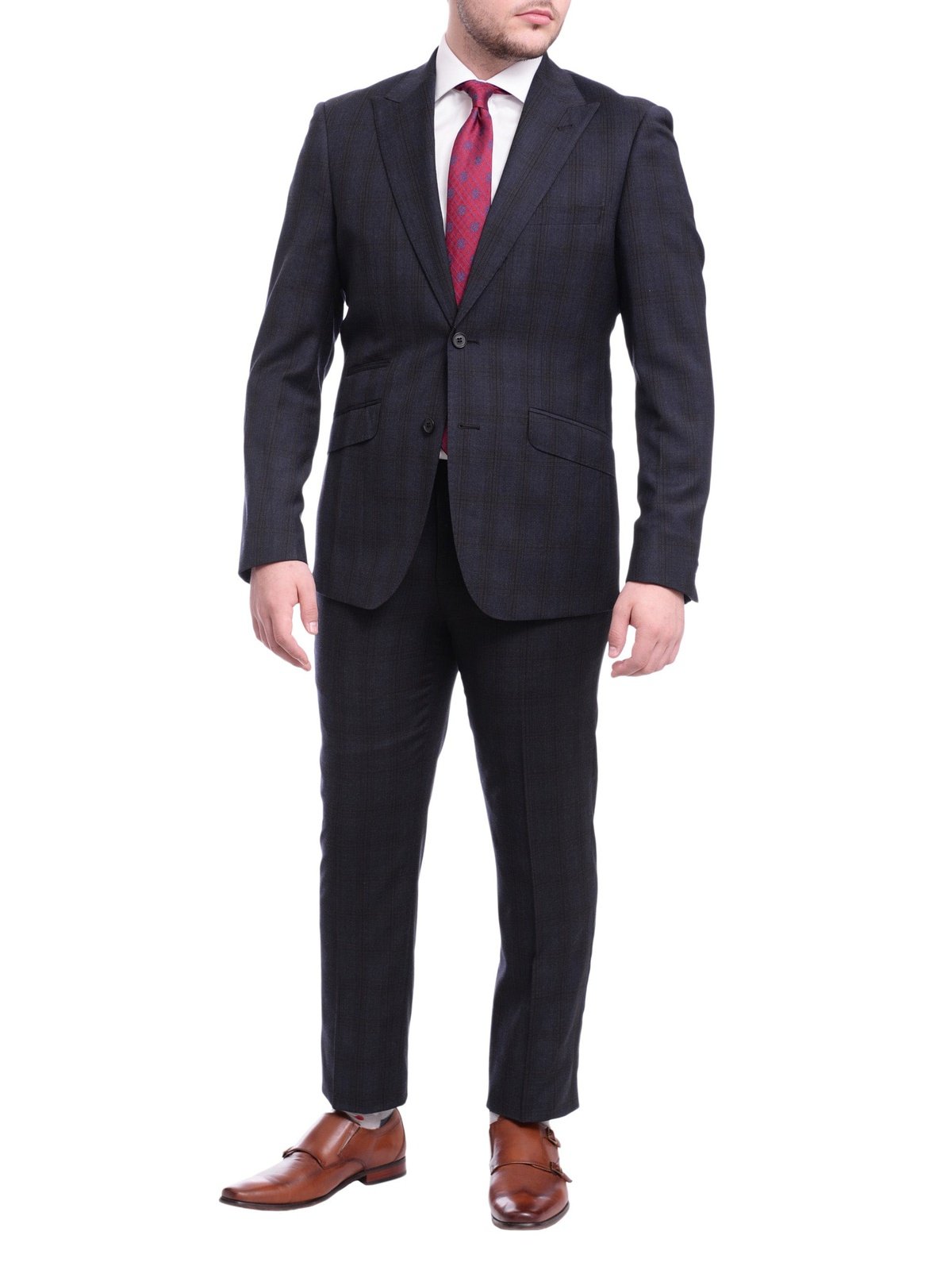 Ideal Ideal Slim Fit Blue And Red Plaid Two Button Wool Suit Peak Lapels