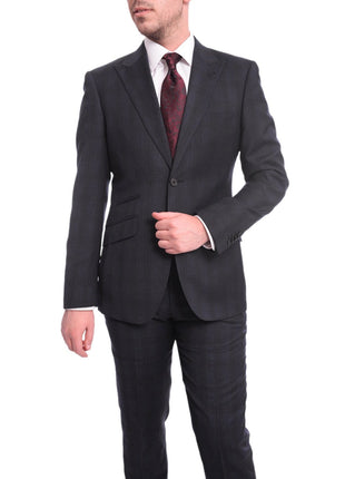 Ideal Ideal Slim Fit Blue And Red Plaid Two Button Wool Suit Peak Lapels
