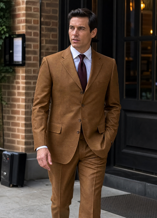 Sartoria Partenopea Mens Solid Golden Brown Notch Lapel Classic Fit 4-button Linen Suit - 42R