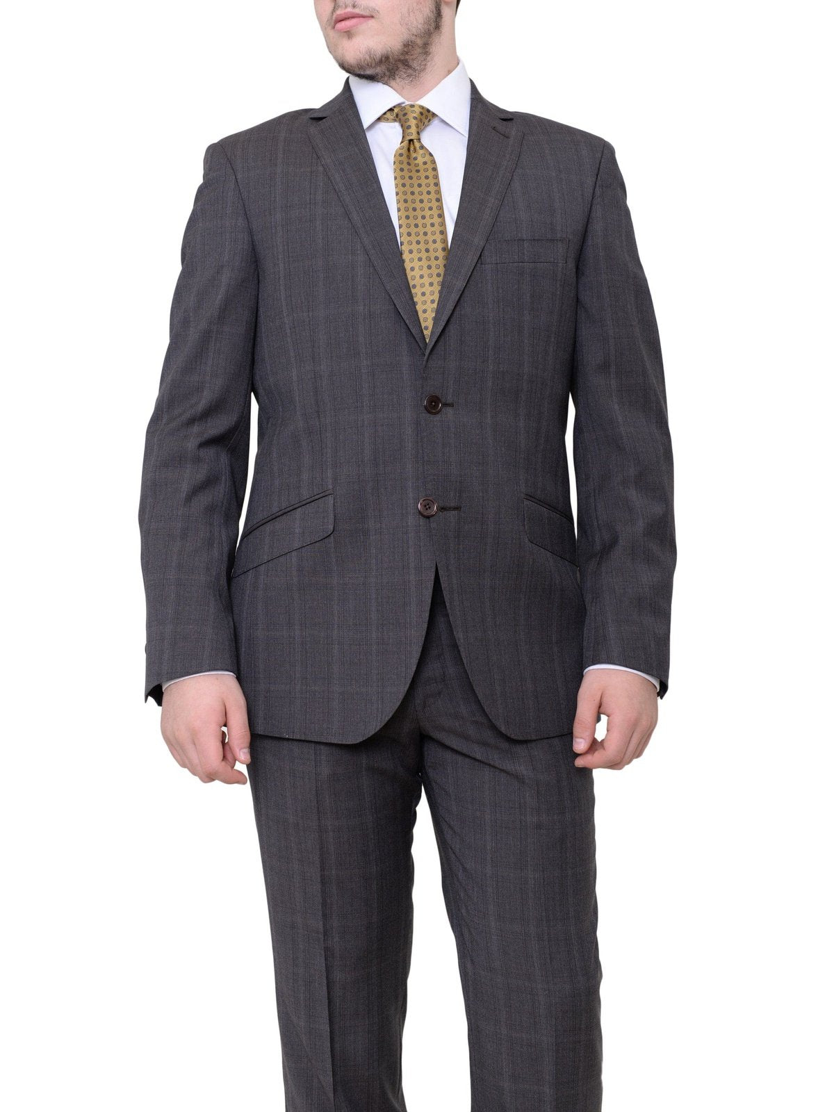 Italiano TWO PIECE SUITS Italiano Slim Fit Brown Plaid Super 150&#39;s Cerruti Wool Suit Made In Italy