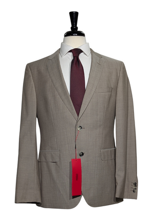 Hugo Boss Mens Taupe Textured Notch Lapels Classic Fit 2 Button Wool Suit - 40R