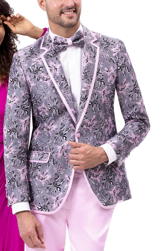 Kent &amp; Park Mens Gray &amp; Purple Cotton Blend 2 Piece Floral Prom Tuxedo Suit