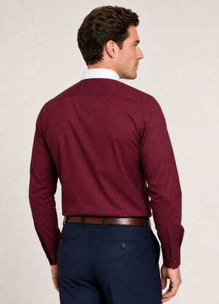 Steven Land Solid Burgundy Contrast Spread Collar Classic Fit French Cuff Cotton Stretch Dress Shirt