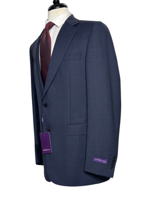 Napoli Slim Fit Navy Blue Plaid Windowpane Two Button Half Canvassed Wool Suit - The Suit Depot