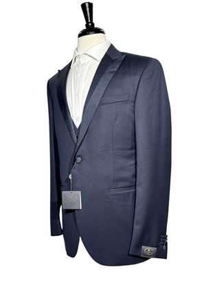 Corneliani Mens Solid Navy Fully-Canvassed Peak Lapel Slim Fit 3-Piece Wool Tuxedo - 42R