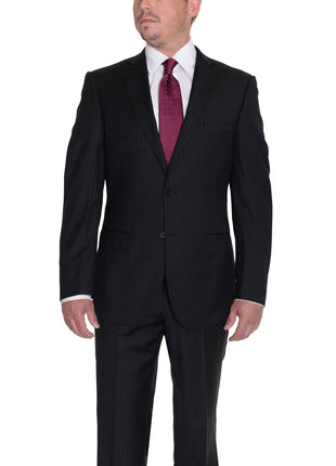 Label E 42L 36W Modern Fit Black Pinstriped Two Button Wool Suit (42L 36W)