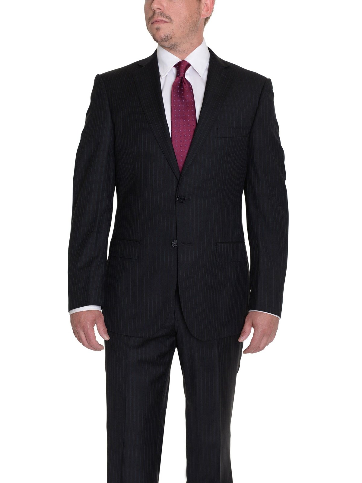 Label E 42L 36W Modern Fit Black Pinstriped Two Button Wool Suit (42L 36W)