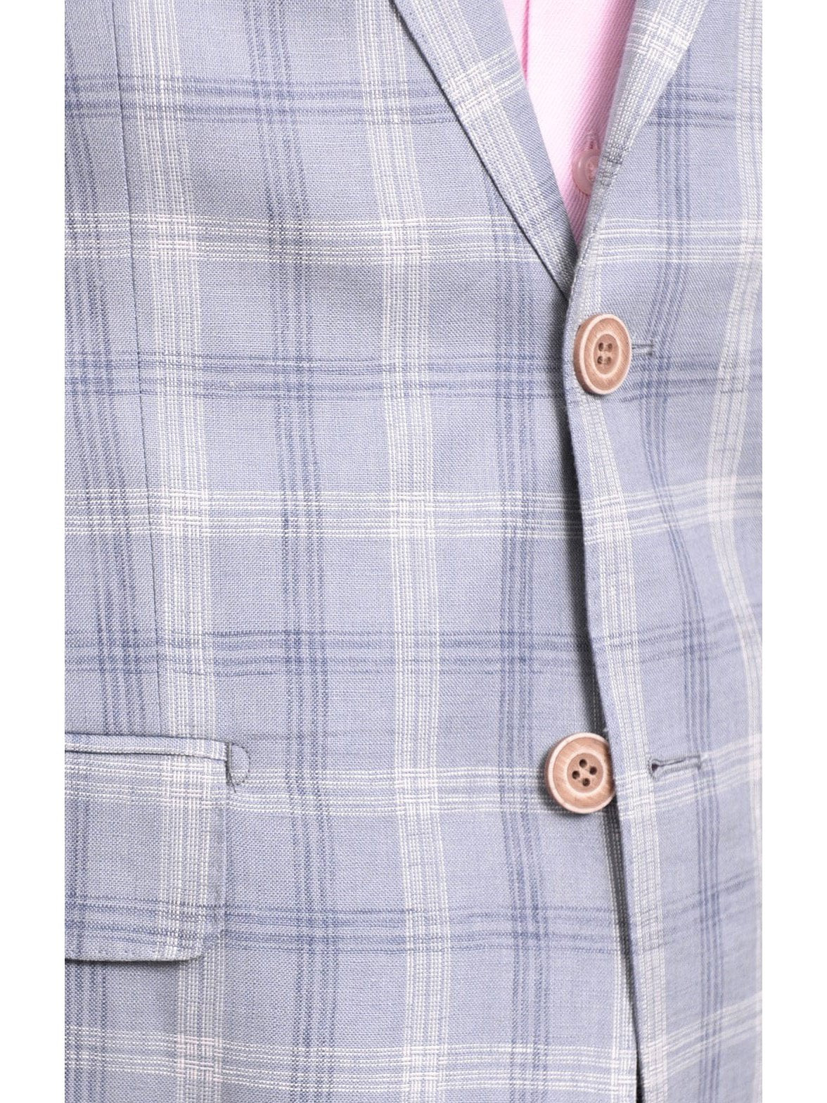 Label E BLAZERS Mens Classic Fit Blue &amp; White Plaid Two Button Linen Blazer Sportcoat