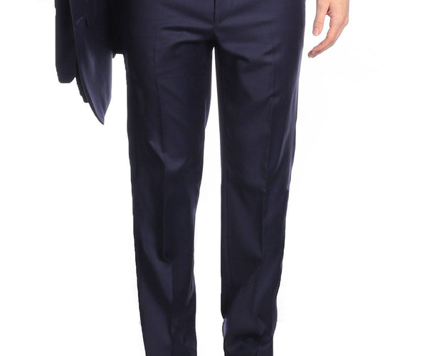 Mens Classic Fit Solid Navy Blue Flat Front Wool Dress Pants, 54