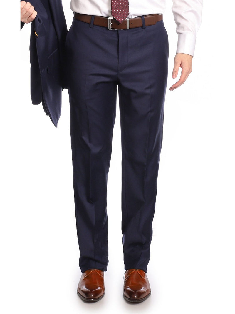 Mens Classic Fit Solid Navy Blue Flat Front Wool Dress Pants, 32