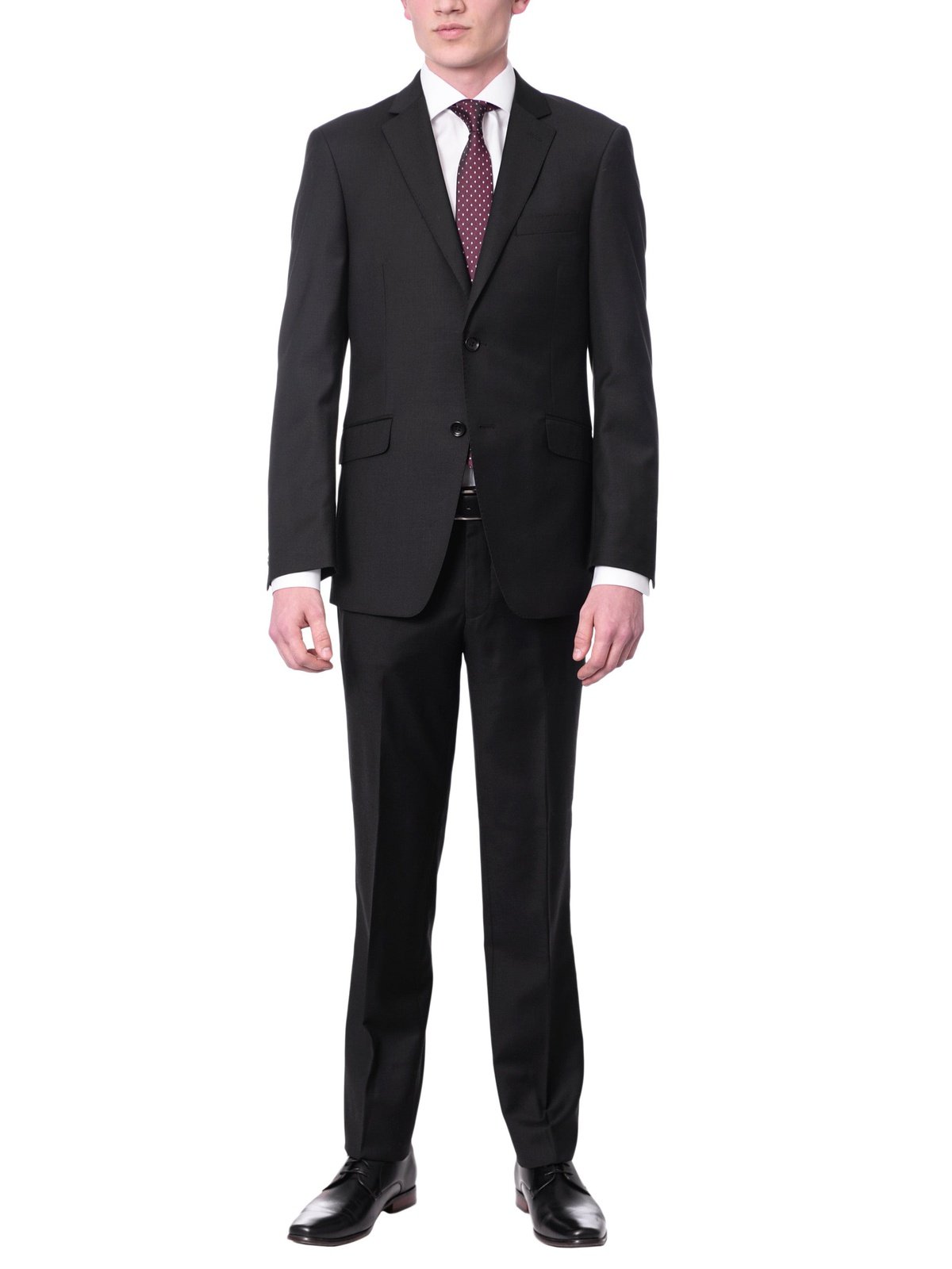 Men's Euro Slim Fit Solid Black Two Button 2 Piece 100% Wool Suit, 40 / Long