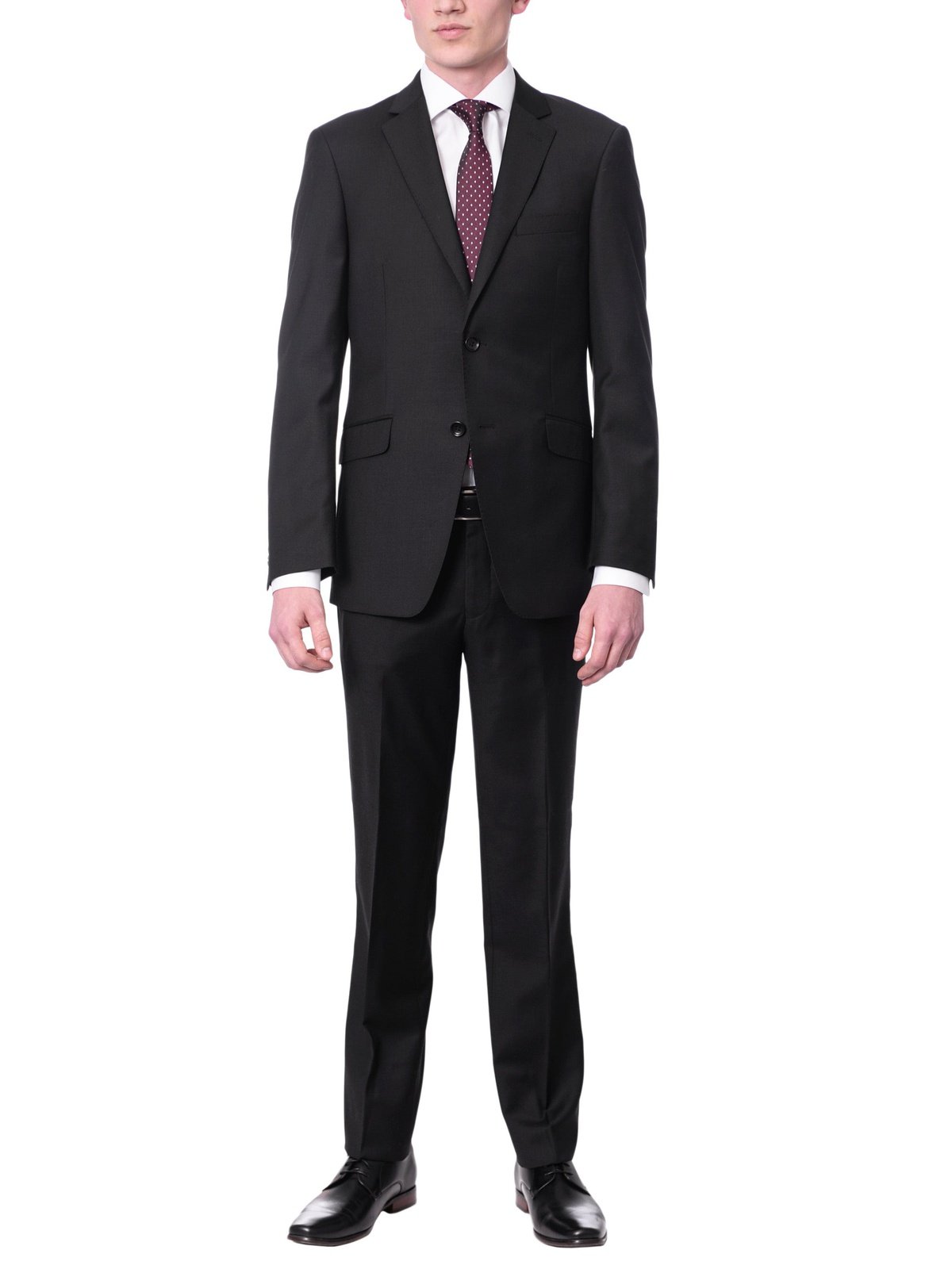 Label M SUITS Men's Euro Slim Fit Solid Black Two Button 2 Piece 100% Wool Suit