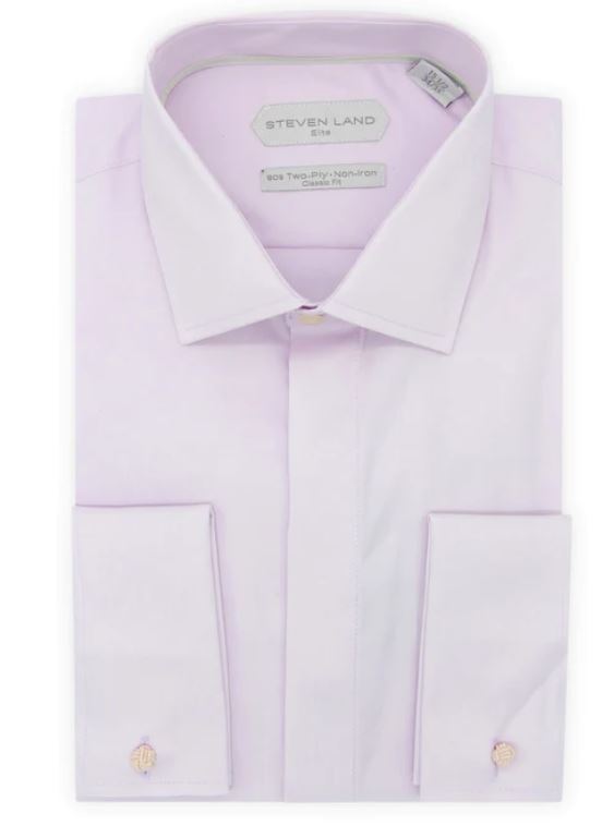 Steven Land Mens Solid Lavender Regular Fit Cotton French Cuff Dress Shirt