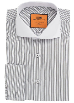 Steven Land Mens Black Striped Contrast Collar French Cuff Wrinkle Free Dress Shirt