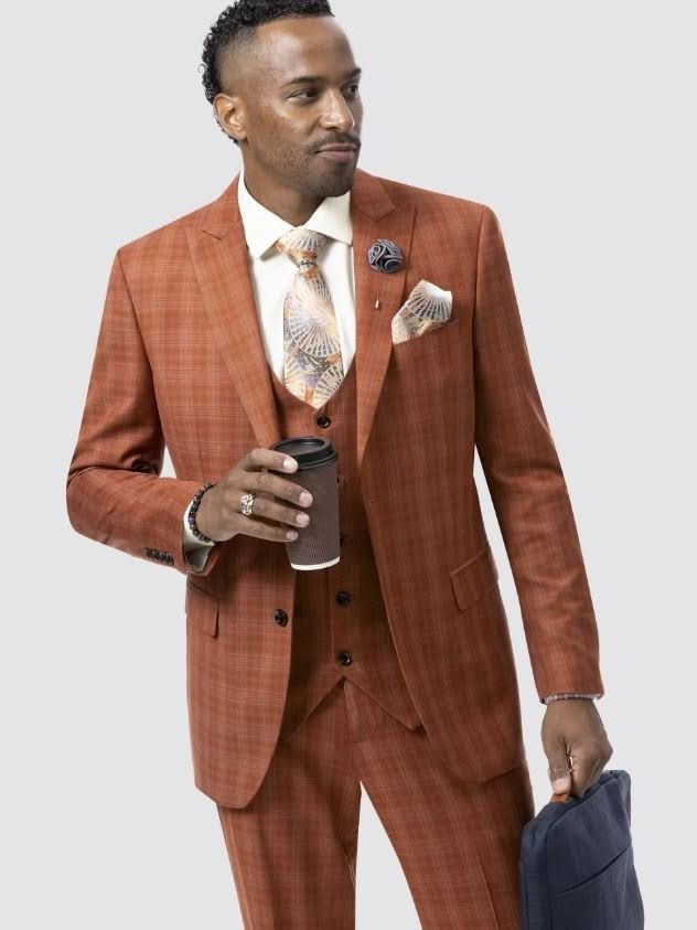 Kent & Park Mens Rust Orange Plaid Classic Fit 3 Piece Suit With Peak Lapels