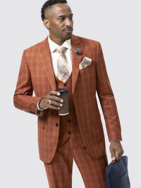 Thumbnail for Kent & Park Mens Rust Orange Plaid Classic Fit 3 Piece Suit With Peak Lapels