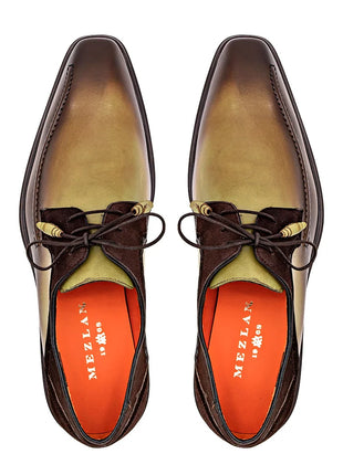 Mezlan Two-Tone Olive Mocha Lace Up Bicycle Toe Calf/Suede Derby Dress Shoes