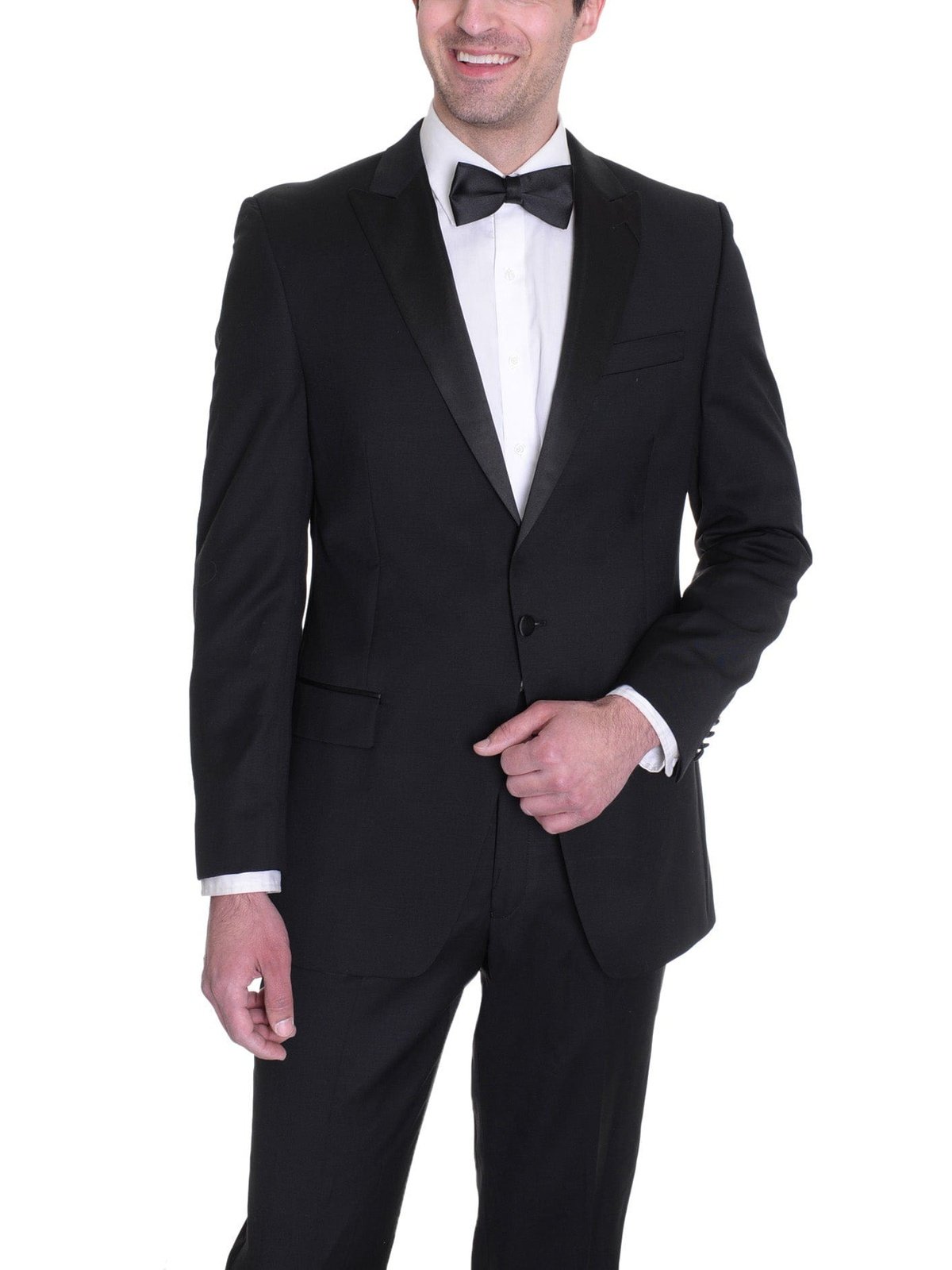 Manzini TWO PIECE SUITS Manzini Mens Black 100% Wool Classic Fit Tuxedo Suit With Satin Peak Lapels