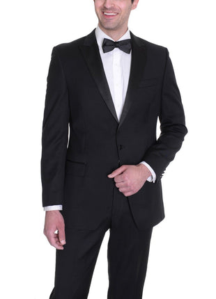 Manzini Mens Black 100% Wool Classic Fit Tuxedo Suit With Satin Peak Lapels - The Suit Depot