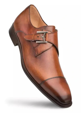 Mezlan SHOES Mezlan Mens Cognac Single Monk Strap Cap Toe Leather Dress Shoes