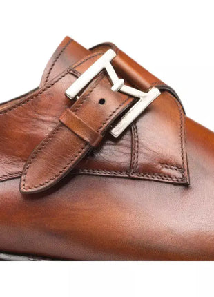Mezlan SHOES Mezlan Mens Cognac Single Monk Strap Cap Toe Leather Dress Shoes