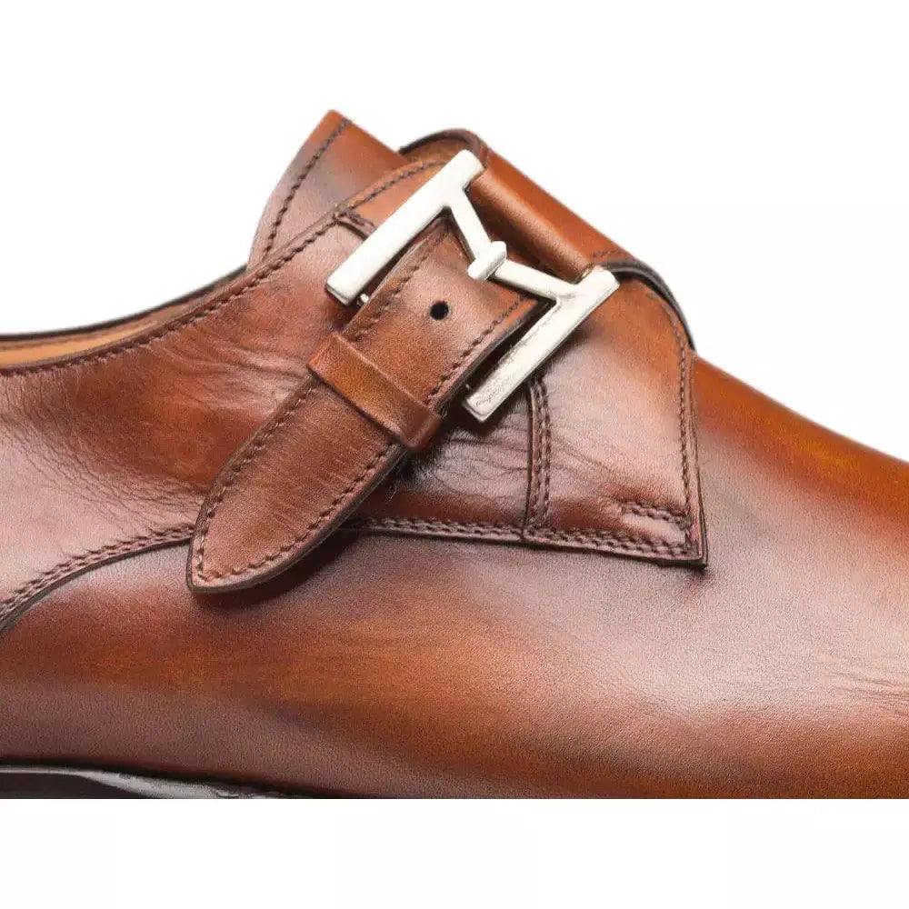 Mezlan SHOES Mezlan Mens Cognac Single Monk Strap Cap Toe Leather Dress Shoes