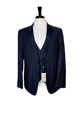 Armani Collezioni M Line Navy Micro-Check Slim Fit Peak Lapel 3-Piece Wool Tuxedo - 44R