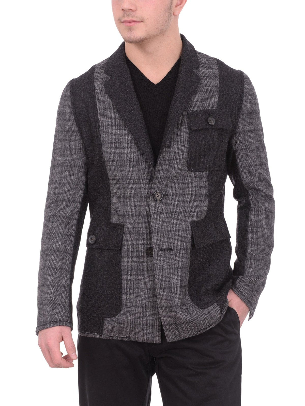 Napoli BLAZERS Mens Napoli Gray Black Plaid Unstructured Sportcoat With Patch Pockets