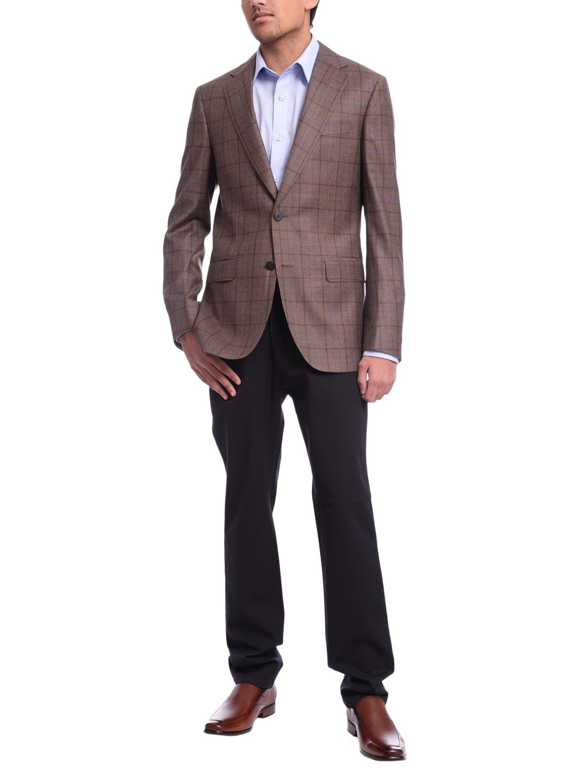 Napoli BLAZERS Mens Napoli Slim Fit Brown Blue Plaid Half Canvassed Reda Wool Blazer Sportcoat