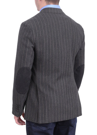 Napoli BLAZERS Napoli Gray Brown Striped Flannel Half Canvassed Wool Sportcoat Elbow Patches