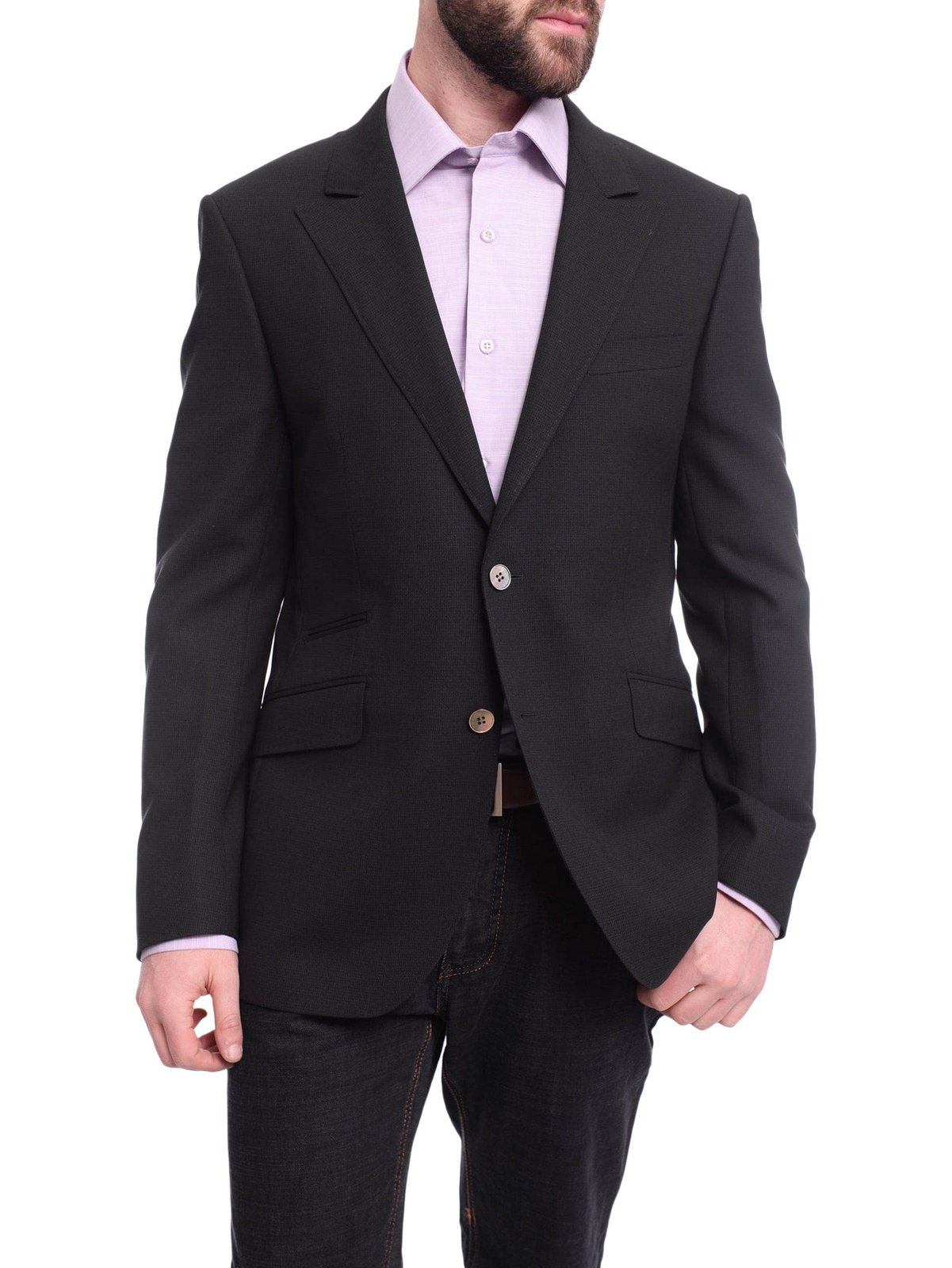 Napoli BLAZERS Napoli Slim Fit Black Textured Half Canvassed Zegna Wool Blazer Sportcoat