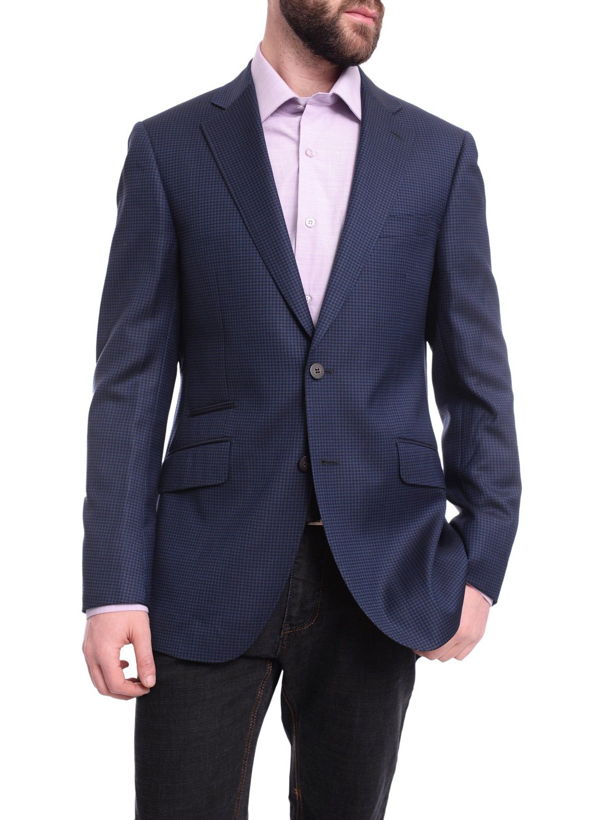 Napoli BLAZERS Napoli Slim Fit Blue Houndstooth Half Canvassed Vbc Wool Silk Blazer Sportcoat