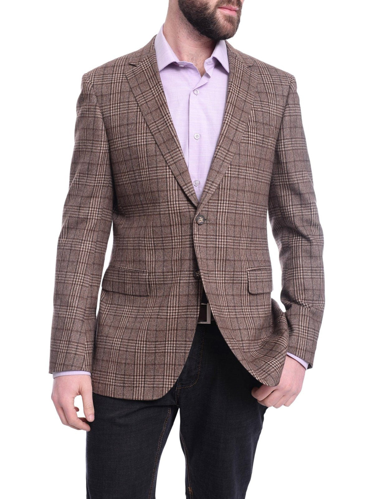 Napoli BLAZERS Napoli Slim Fit Brown Plaid Half Canvassed Flannel Wool Cashmere Blend Sportcoat