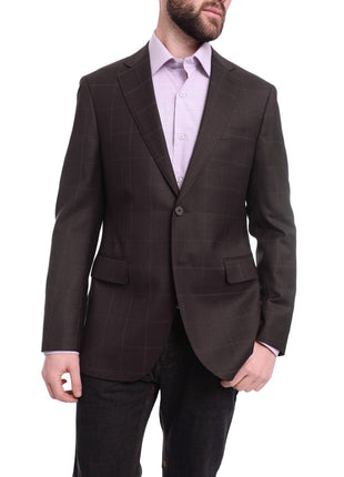 Napoli BLAZERS Napoli Slim Fit Brown Plaid Windowpane Half Canvassed Tallia Deflino Wool Blazer
