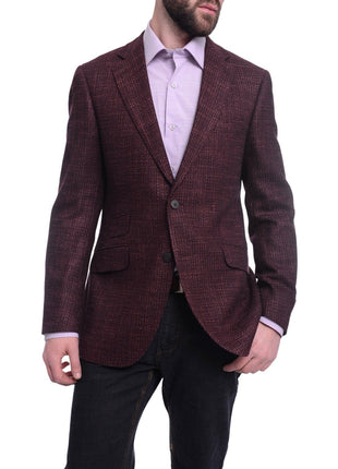 Napoli BLAZERS Napoli Slim Fit Burgundy Woven Tweed Two Button Half Canvassed Wool Silk Blazer