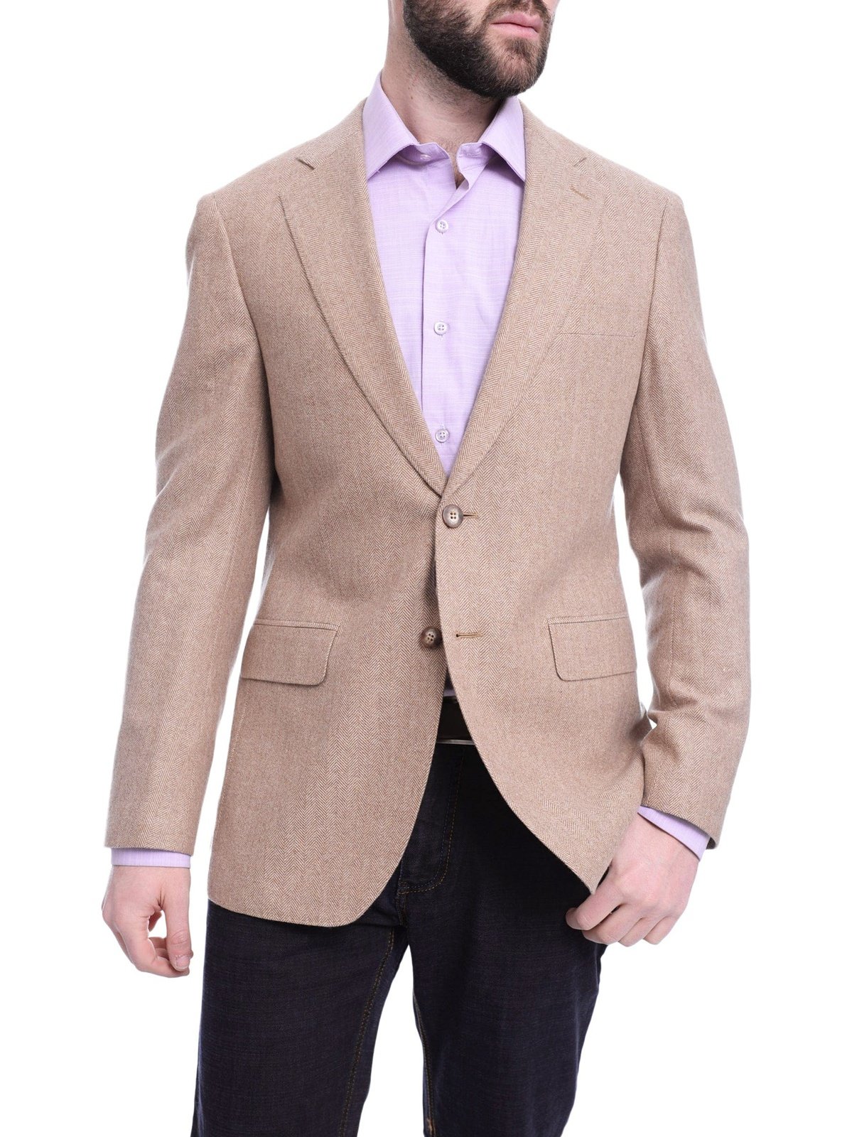 Napoli BLAZERS Napoli Slim Fit Tan Herringbone Half Canvassed Cashmere Blazer Sportcoat