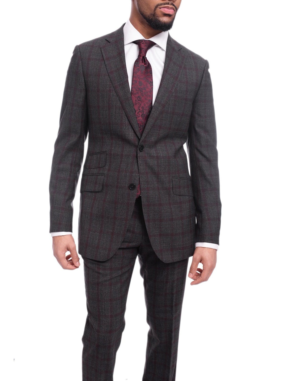 Napoli Sale Suits Napoli Slim Fit Gray &amp; Red Plaid Windowpane Half Canvased Super 150s Wool Suit