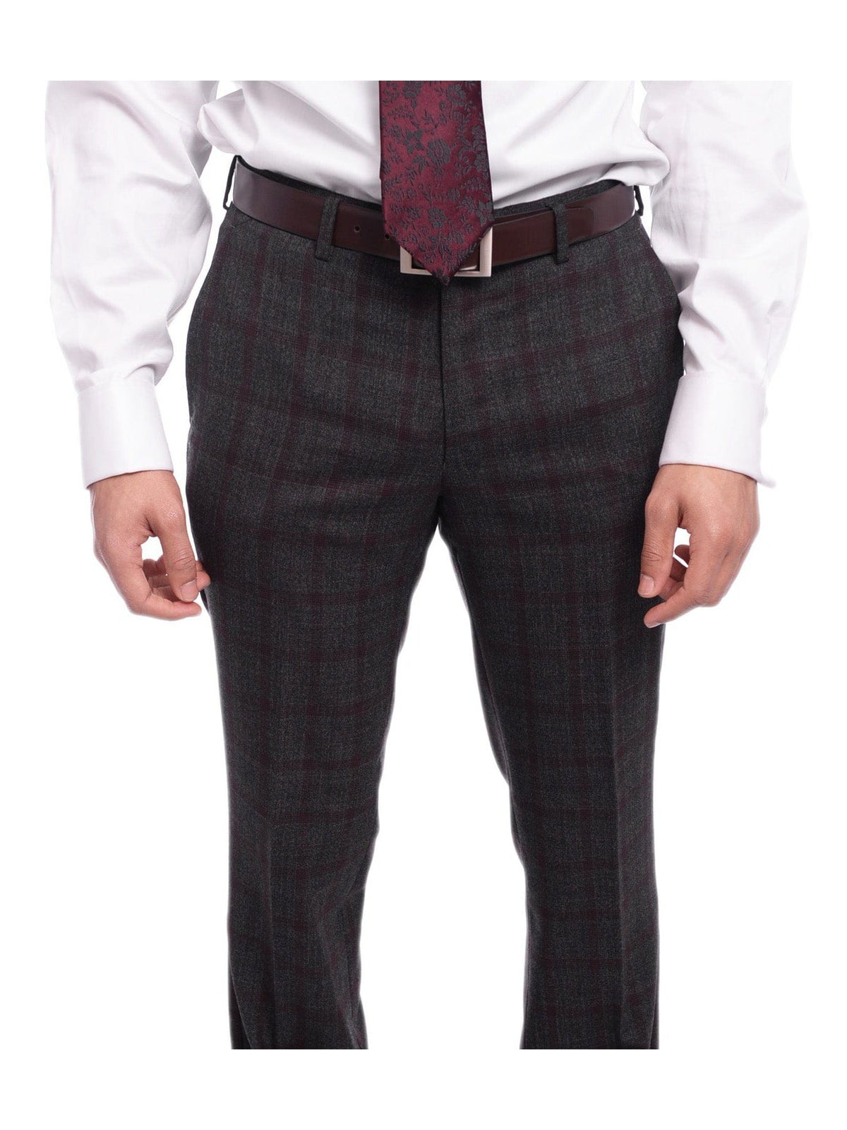 Napoli Sale Suits Napoli Slim Fit Gray &amp; Red Plaid Windowpane Half Canvased Super 150s Wool Suit