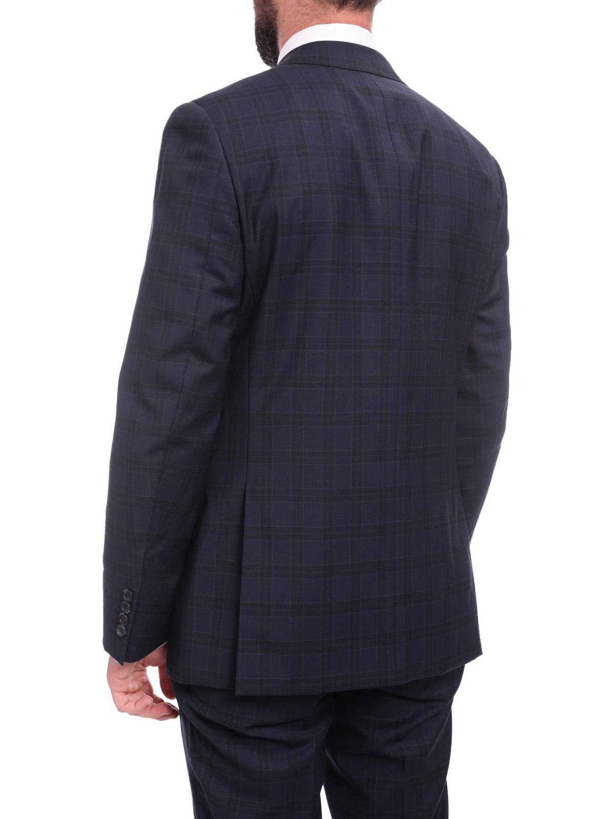 Napoli TWO PIECE SUITS Men's Napoli Classic Fit Blue Windowpane Plaid Super 150s 100% Italian Wool Suit